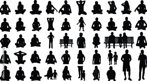People silhouette collection sitting relaxing meditating family and children poses showing daily life activities park lifestyle black vector illustration