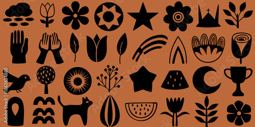 Ancient pottery symbols and stylized motifs in terracotta hues