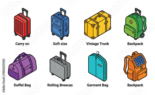A variety of travel bags are on display: carry on, soft size luggage, vintage trunk, and multiple backpacks.
