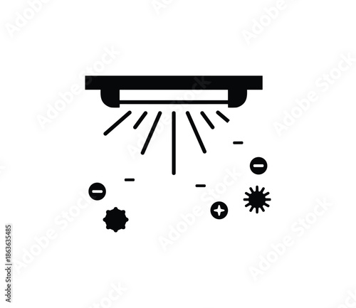 Air purifier icon releases ions, sanitizing with negative, positive charges, and cleaning dust, virus, allergens.