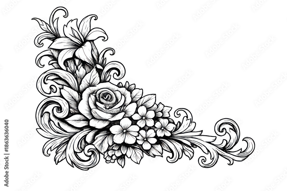 Fototapeta premium Floral corner ornament with a vintage look, featuring a rose, lily, leaves, and intricate scrolls. Transparent background
