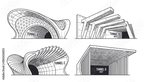 Architectural tunnel entrances sketches, showing perspectives of tunnel A, B, C, and D from east and west.