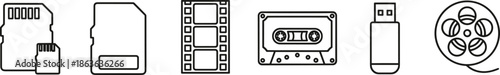 Digital and vintage data storage media icon set including memory cards, film strip, audio cassette, USB flash drive, and reel