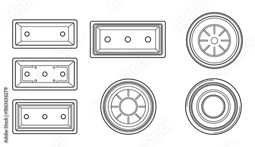 Assorted rectangular and circular flowerpots line art. Planters for indoor or outdoor gardening containers collection.
