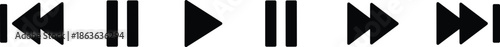 Media playback control icon set displaying rewind, pause, play, fast forward, and navigation buttons for audio video user interfaces