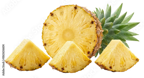 Fresh Pineapple Slices and Cross-Section with Green Leaves Isolated