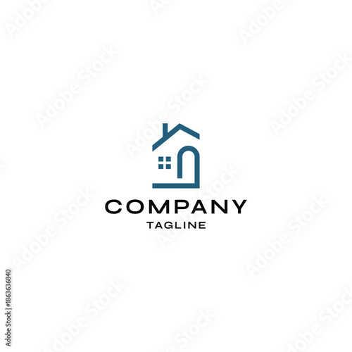 Minimalist house logo design with clean lines, featuring a roof, chimney, and window