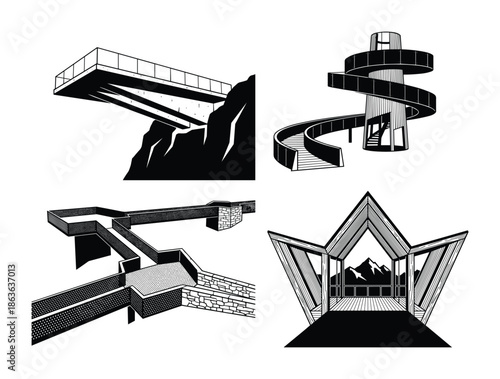 Black and white illustrations of architectural observation decks, including cantilever, spiral, and vantage point structures.