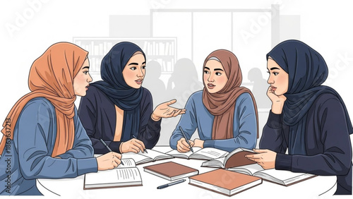 Four Muslim women in hijabs studying together at a table discussing ideas with books and notebooks representing education and collaboration