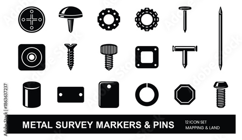 Black and white metal survey markers and pins icon set for mapping and land projects and more