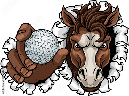 Horse mustang bronco stallion angry golf sports team mascot holding a ball.