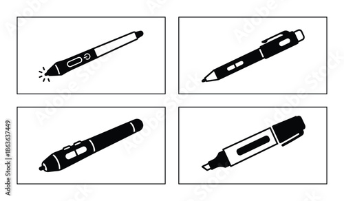 Black and white set of stylus pen vector icons. Perfect for digital writing, drawing, or navigation needs.