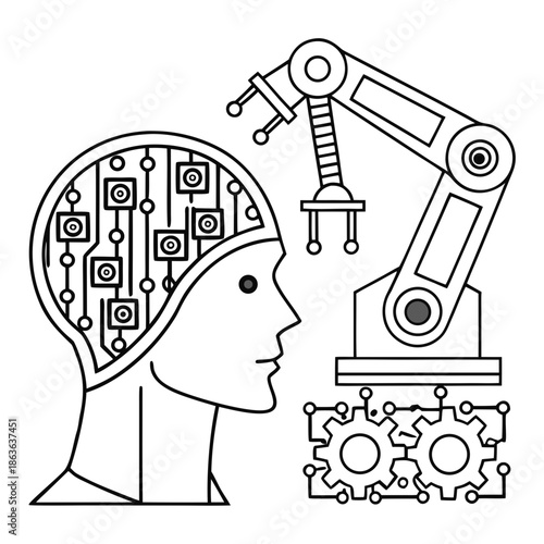 A robotic arm interacts with a human brain filled with circuit boards