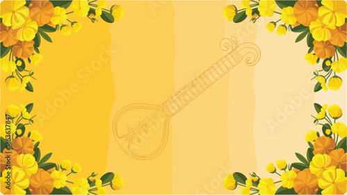 Yellow flowers surrounding musical instrument silhouette on textured backdrop