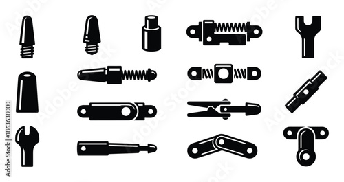 Black and white vector illustrations of mechanical parts, springs, connectors, screws and joints for engineering design.