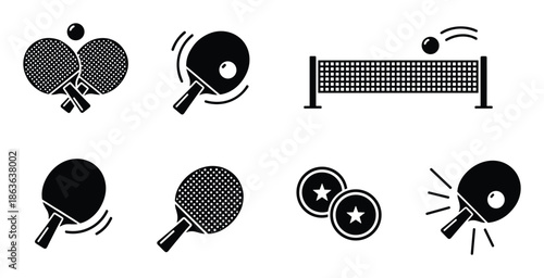 Black and white vector illustrations of ping pong equipment, including paddles, ball, and net in various positions.