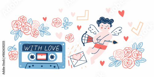 Cupid with roses hearts and a vintage cassette tape illustration