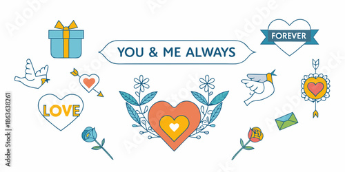 Romantic illustrations featuring hearts flowers and love themed doodles