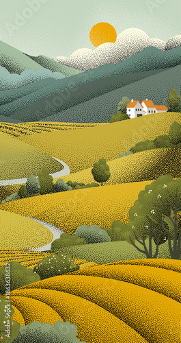 Fields rolling hills and mo...