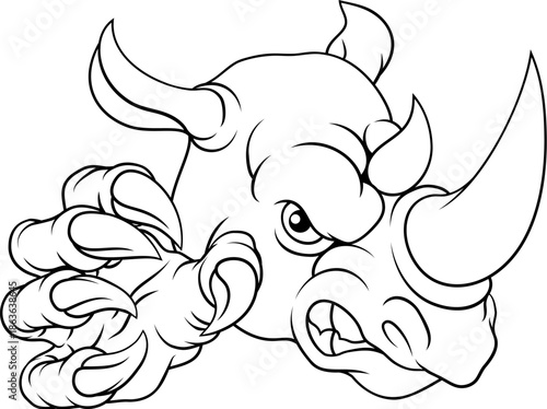 A rhino or rhinoceros mean, angry cartoon animal sports mascot