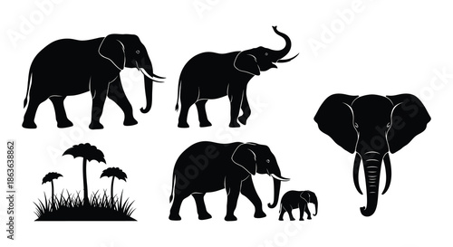 A collection of silhouettes depicting several elephants in various poses