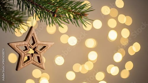Rustic wooden star decoration on a green Christmas tree branch with warm golden bokeh background. Minimalist festive holiday concept with copy space.