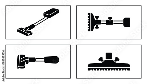 Black vector icons of different vacuum cleaner head attachments for floor, upholstery, and dusting.