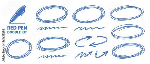 Blue pen doodle kit includes hand-drawn circles, lines, and arrows. Vector illustration for design and creative projects.