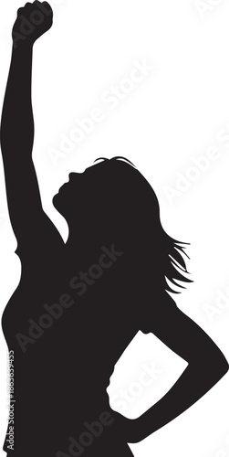 Silhouette of a woman raising her fist in a gesture of victory and strength
