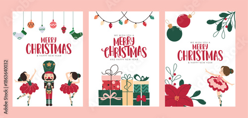 Merry Christmas greeting card clipart poster set. Merry Christmas greeting and wishes Christmas card clip art with nutcracker toy, ballerina girl, gift boxes Xmas decoration elements and ornaments 