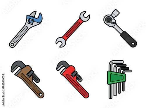 Cartoon style illustration featuring wrenches, adjustable wrench, ratchet, and allen keys on a white background.