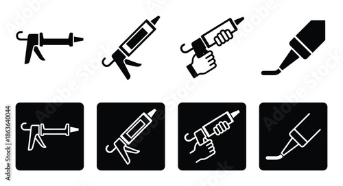 Caulk gun, construction tool icons in various styles, presented on white and black backgrounds. Vector illustration.