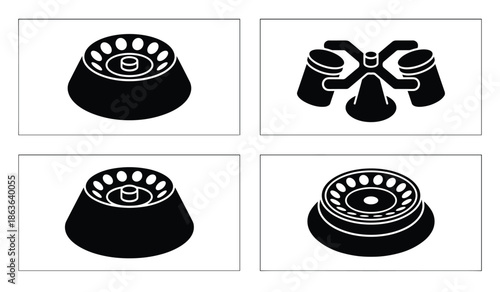 Centrifuge rotors black icons collection for lab. Science, medical equipment for biology and biotechnology research.