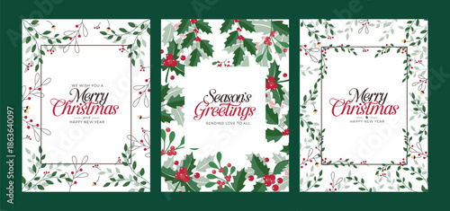 Merry Christmas greeting card clipart poster set. Christmas card and Christmas wishes clip art with mistletoe and holly berry leaves frame background design for holiday season green plants decoration 