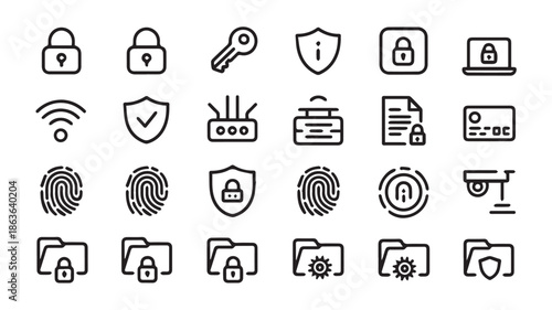 Vector illustration of security icons showcasing various protection methods and digital safety measures in a clean and organized grid layout