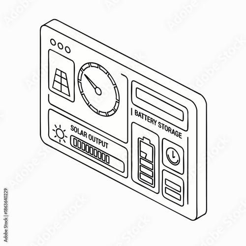 Isometric line art of a solar energy monitoring dashboard, showing solar output and battery storage levels, representing renewable power and sustainable technology.