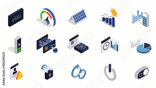 Isometric icons set for technology, data analysis, business, and digital concepts. Collection of modern 3D illustrations for web and app design.