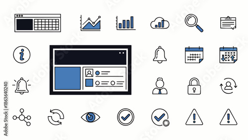 Modern digital technology and business analytics icon set. Vector collection for web and mobile UI, data management, security, notifications, and online services.