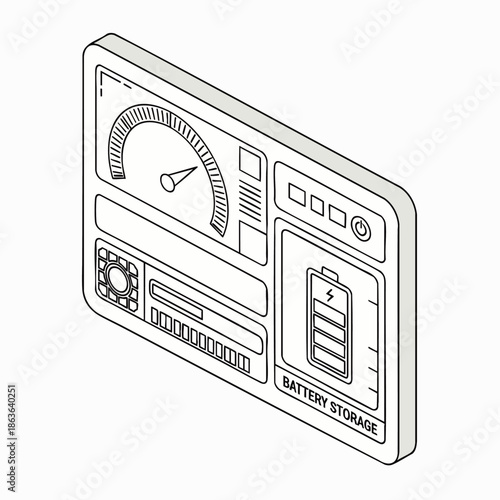 Isometric line art illustration of a modern energy control panel dashboard with battery storage indicator, representing power management and technological interface.