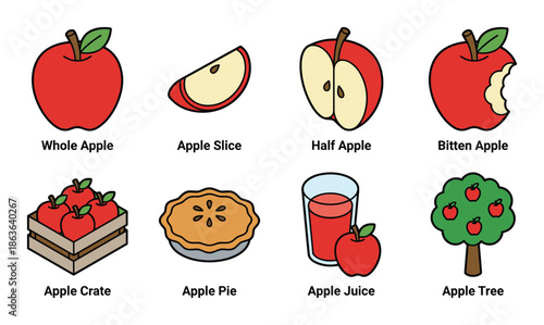 Collection of apple illustrations including whole, slice, pie, juice, apple tree