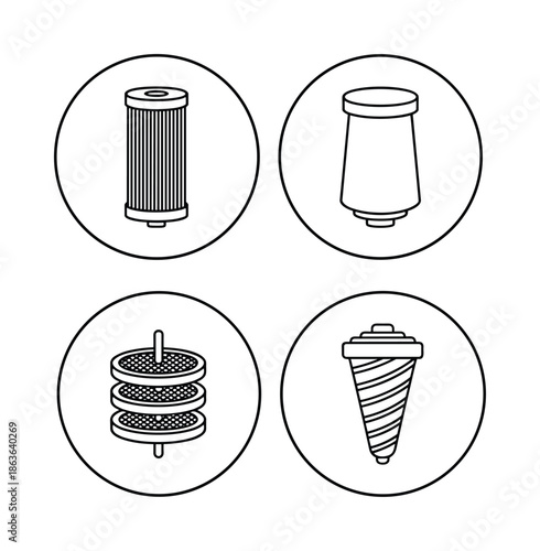Collection of automotive filters vector icons. Oil, air, fuel, cabin car filters line art designs.