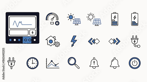 Modern vector icon set for smart home, energy management, and technology. Symbols for solar power, battery charging, data monitoring, and digital interfaces.
