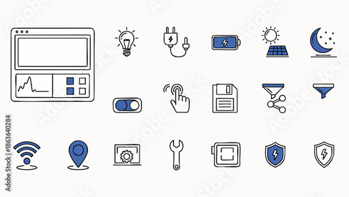 Modern line art vector icons for technology, digital interface, and UI/UX design. Essential symbols for settings, energy, data, connectivity, security, and tools.