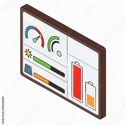Smart energy management dashboard displaying solar power generation, consumption, and battery levels for sustainable living and home automation technology.