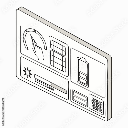 Isometric line art of a smart device interface. Shows interactive elements: touch dial, battery indicator, keypads, and sliders. Represents modern digital technology.
