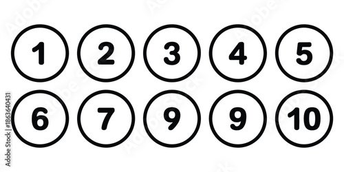Bullet points icon set in line style, simple round numbers in flat design, set of numbers from one to ten as black symbols for apps, UI interfaces, websites, and vector