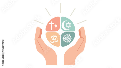 Hands holding a symbol of unity with religious icons
