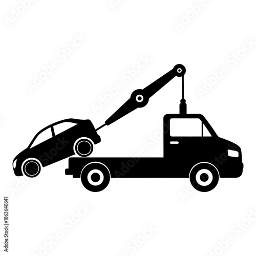 Broken Down Car Towed by Tow Truck Silhouette Icon.