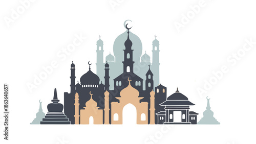 Illustration of diverse religious architecture from around the world gathered together in harmony