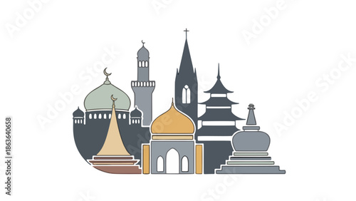 Illustration of diverse architectural styles from various cultures around the world showcasing different religious structures